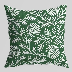 Square green pillowcase with white botanical pattern made of high-quality faux silk fabric
