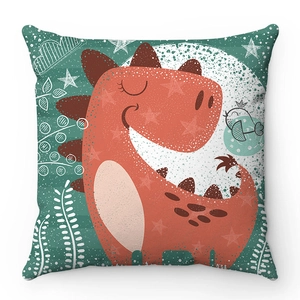 Dettaglio del motivo con dinosauro cartone animato sulla federa in morbido peluche