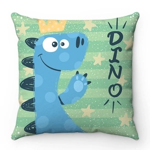 Dettaglio federa in morbido peluche con simpatico dinosauro blu e scritta Dino