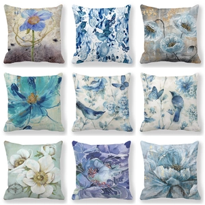 Fodera Per Cuscino Decorativa Pelle Di Pesca Acquerello Fiore Blu Uccello Farfalla Stampa Per Divano Casa Arte Moderna