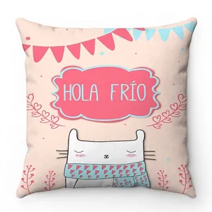 Soft pink decorative pillow case with cartoon cat illustration and Hola Frío text