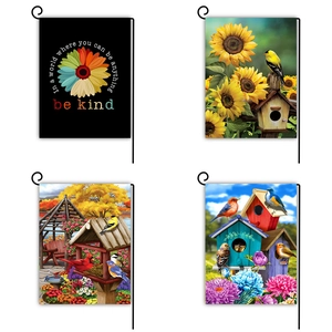 Leinen Polyester Gartenflagge Und Metallständer Hof Dekor Bunte Blume Vogel Sonnenblume Muster Outdoor Haus Dekoschild
