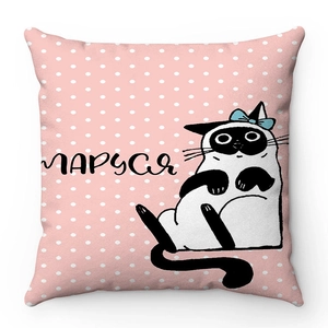 Pink polka dot cushion cover with a cute cartoon cat design and soft plush texture