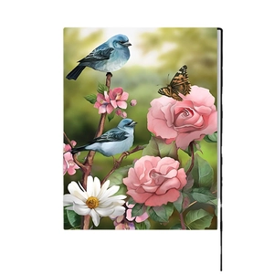 Gartenfahne mit blauen Vögeln und rosa Rosen auf Leinwand für die Außendekoration