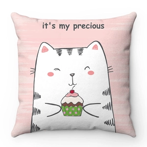 Cute cartoon white cat with cupcake on pink striped soft plush decorative pillowcase