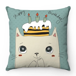 Short plush throw pillow case with cartoon white cat and birthday cake illustration