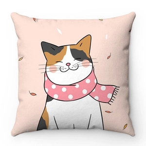 Detail of soft plush cushion cover featuring a cute hand-drawn calico cat with pink scarf