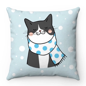 Detailed front view of soft pillowcase featuring a cute cartoon cat on blue polka dots