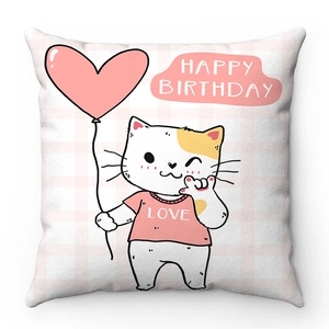 Detail of cartoon cat cushion cover with pink love balloon and birthday greeting