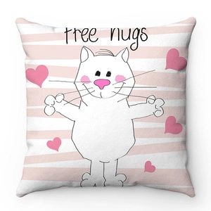 Close-up of soft plush pillow cover featuring free hugs text and cute cat pattern