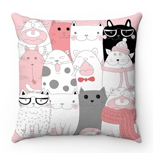 Detailed view of soft plush fabric texture with dense cartoon cat illustrations and vibrant colors