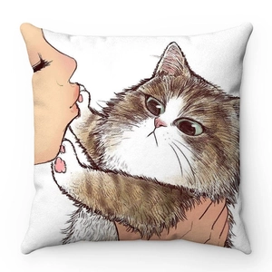 Detailed view of hand-drawn girl and cat illustration on soft plush pillowcase fabric