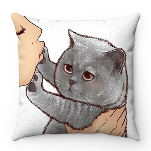 Square plush throw pillow cover with cute hand-drawn cat and face illustration