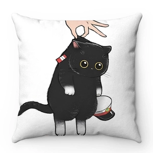 Soft plush throw pillow cover with a funny cartoon black cat print for home sofa decor
