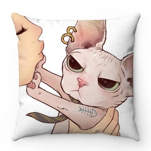 Close-up of soft velvet pillow case with a cartoon Sphynx cat tattoo illustration