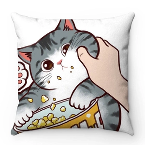 Close-up of soft velvet pillow case with cute cartoon cat eating popcorn pattern