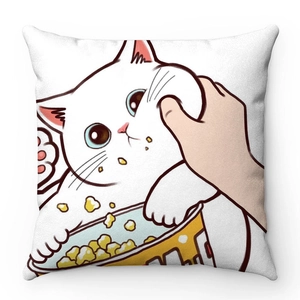 Close-up of soft velvet pillow case with cute white cat eating popcorn illustration