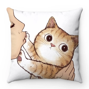 Soft plush pillow cover with cute hand-drawn cartoon cat illustration for home decor