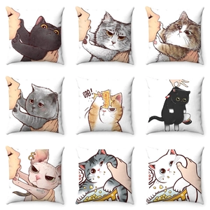Funny Cartoon Cat Pattern Short Plush Throw Pillow Cover Decorative Square Cushion Case For Home Sofa Living Room Decor