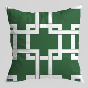 Funda de cojín cuadrada moderna en tela verde oscuro con patrones geométricos blancos