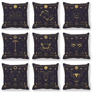 Twelve Zodiac Pattern Pillowcase Peach Skin Gold Line Astrology Cushion Cover For Sofa Living Room Home Decor No Insert