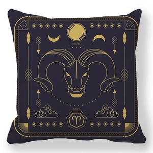 Detail of Aries constellation throw pillow cover with gold embroidery on navy fabric