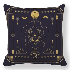Detail of Virgo zodiac cushion cover featuring golden mercury and stars on navy blue fabric