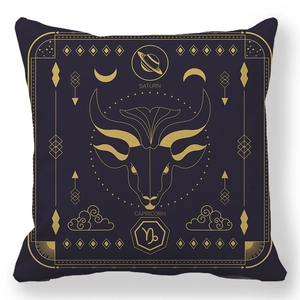 Detail of Capricorn zodiac decorative pillowcase with golden Saturn and star motifs