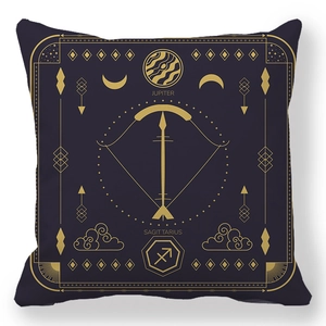 Detail of Sagittarius zodiac pillowcase with golden Jupiter patterns on dark purple fabric