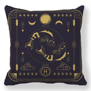 Square purple zodiac cushion cover with golden Pisces and astrology patterns