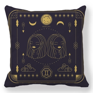 Gemini zodiac throw pillow with gold constellation patterns on dark peach skin fabric