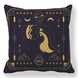 Aquarius zodiac square decorative pillow with gold celestial pattern on deep purple
