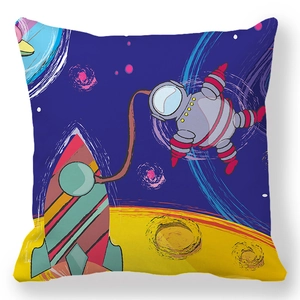 Close-up of cartoon astronaut and rocket pattern on peach skin fabric pillow cover