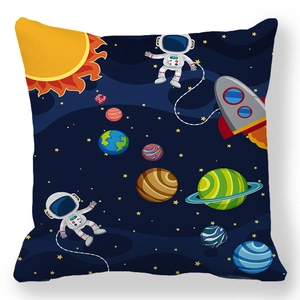 Cartoon astronaut and space planets pattern on a navy blue square decorative pillowcase