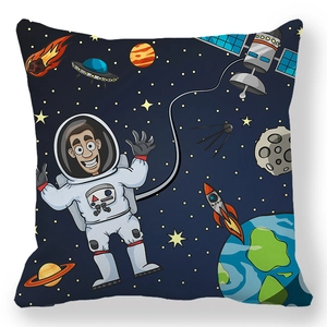 Detailed view of peach skin fabric cushion cover featuring cartoon astronaut and UFO prints