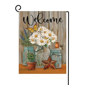 Spring welcome garden flag with vintage birds, flowers and jars on metal stand