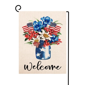Patriotic spring garden flag with floral bouquet and US flags on black metal stand