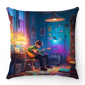 Federa quadrata in morbido peluche con motivo anime di un ragazzo che suona la chitarra