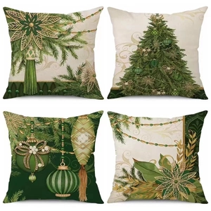 Set di quattro federe natalizie in morbido peluche corto con motivi dorati e alberi festivi