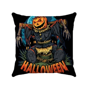 Funda de cojín decorativo Halloween con espantapájaros calabaza, castillo y murciélagos negros