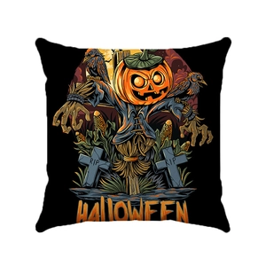 Funda de cojín de Halloween con espantapájaros de calabaza y cuervos en fondo negro suave