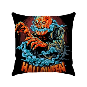 Detalle de funda de cojín Halloween de terciopelo con esqueleto naranja y humo azul