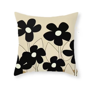 Federa per cuscino quadrata moderna con motivi floreali astratti neri su fondo beige