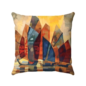 Federa per cuscino quadrata con motivi geometrici astratti arancioni e blu su bianco