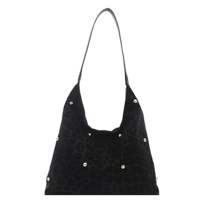 Chic black leopard print hobo shoulder bag with gold rivets and leather strap