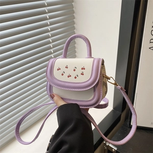 Women Cherry Print Patchwork Shoulder Bag Mini Synthetic Leather Handbag Girls Sweet Small Square Crossbody Bag For Commuting