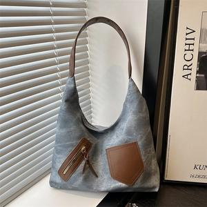 Women Large Capacity Tote Bag PU Leather Washed Texture Contrast Color Shoulder Bag Commuter Casual Hobo Bag Urban Simplicity Bag