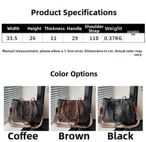 Detailed size chart for leopard print tote bag with brown, black, and tan color options