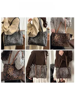 Detail shots showing leopard print tote bags in brown and grey with adjustable straps