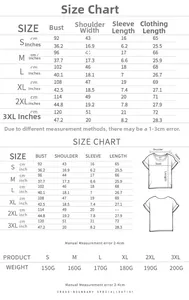 Detailed size chart for the Free Hugs T-shirt covering sizes S to 3XL with measurements